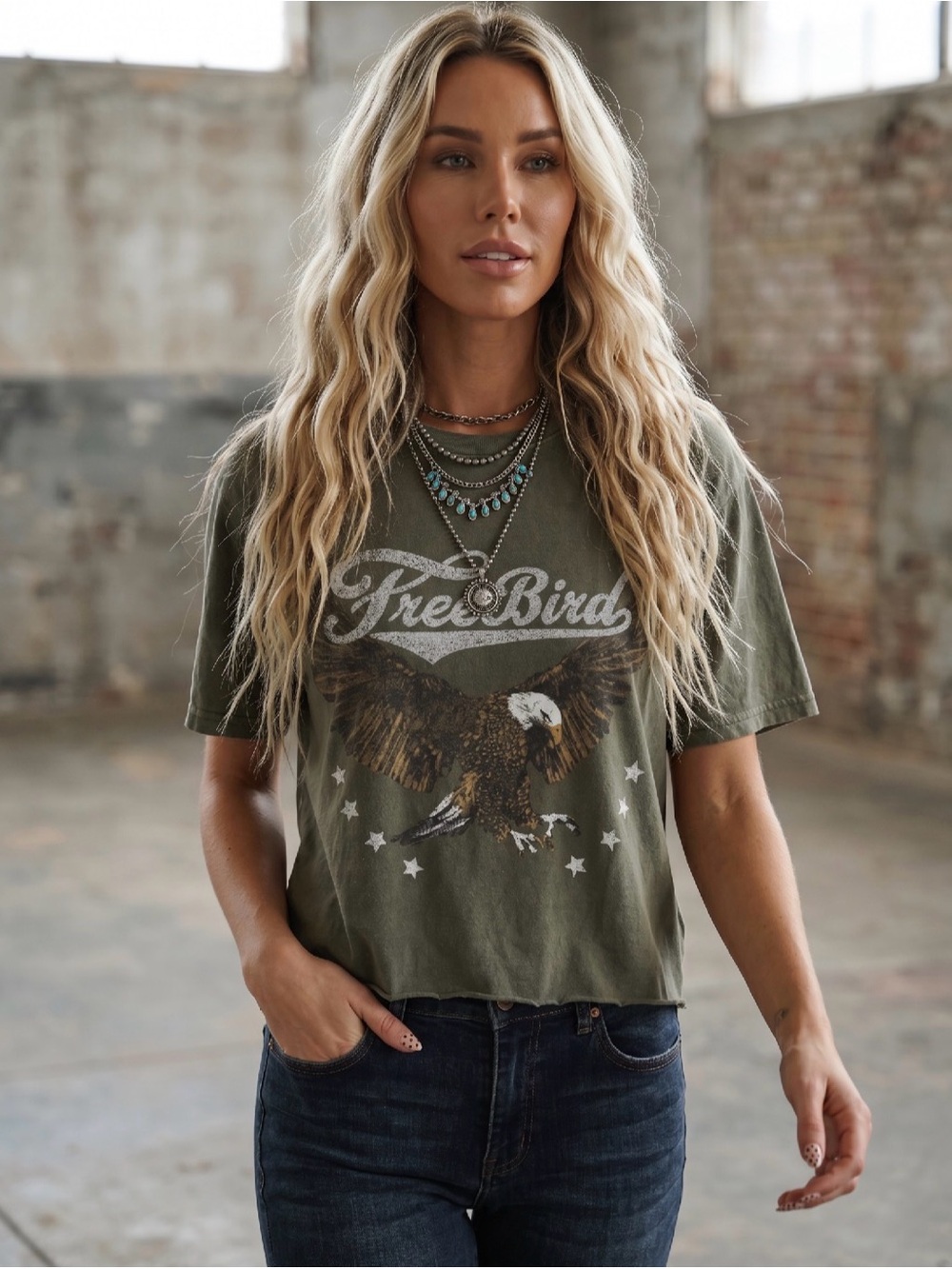 NWT Free Bird Puff Graphic Cropped Tee Crop Top Washed Olive Army Green T-Shirt - Picture 3 of 6